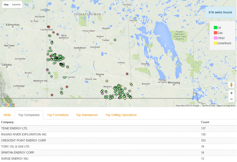 Screenshot of Saskatchewan well activity using filters on the BOE Report Well Map
