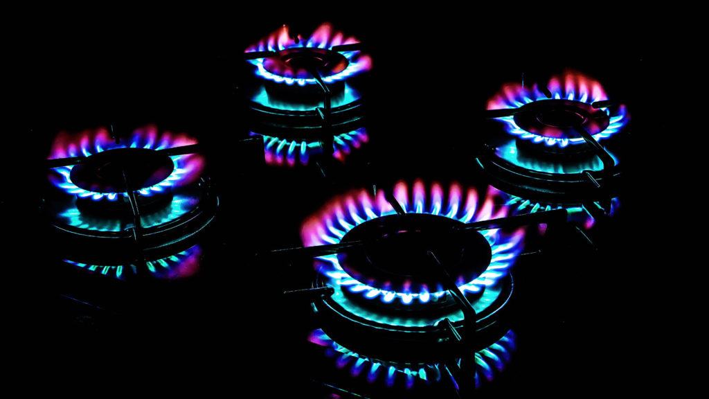Lit natural gas burners on a stove.