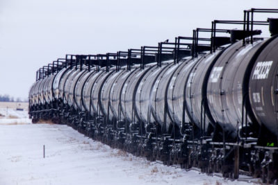 Rail cars transporting crude in winter.